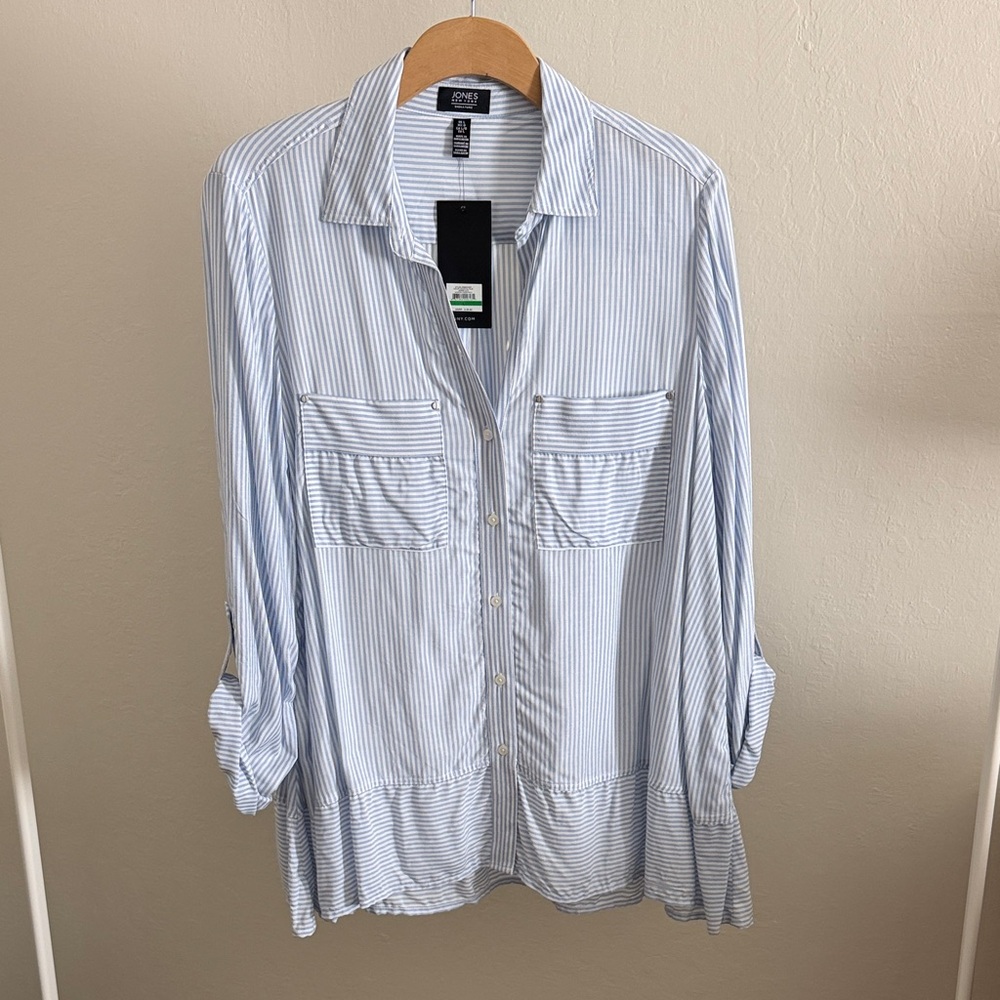 Jones New York Light Blue and White Striped Shirt